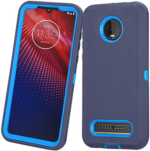 Moto Z3 Case, Moto Z3 Play Case, Heavy Duty with [Built-in Screen Protector] Tough 3 in1 Rugged Shorkproof Armor Cover for Motorola Moto Z3/ Z3 Play (Navy)