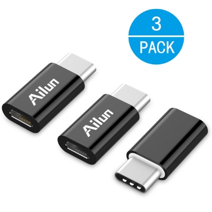 USB-C to Micro USB Adapter,Type C Adapter,[3Pack],by Ailun,Data Syncing and Charging,Universal for MacBook,ChromeBook Pixel,Nexus 5X,Nexus 6P,Nokia N1 and Other Type C cable Supported Devices[Black]