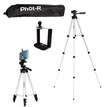 Phot-R Professional 127cm (50") 4-Section Universal Aluminium Photo Video Tripod Stand with 3-Way 360° Swivel Panhead for Smartphone Mobiles