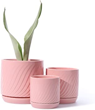 POTEY 053309 Ceramic Planter Pots - Glazed Modern Planters Flower Pot Indoor Bonsai Container with Drainage Holes & Saucer for Plants Aloe(Set of 3-6.6 5.1 4.2 Inch, Shiny Pink, Plants Not Included)