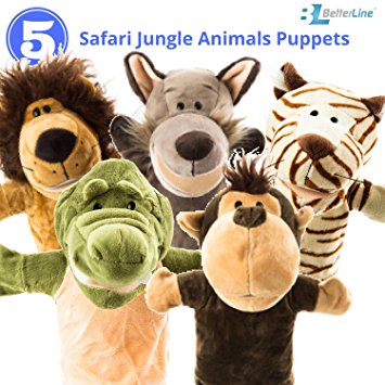 Animal Hand Puppets 5-Piece Set - Premium Quality with Movable Open Mouths, 9.5” Soft Plush Hand Puppets For Kids- Perfect For Storytelling, Teaching, Preschool - by Better Line (Safari Animals)