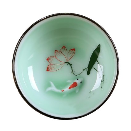 DELIFUR(TM) Porcelain Chinese Long-quan Celadon Teacup,kungfu Teacup, Fishes and Lotus Pattern,set of 4