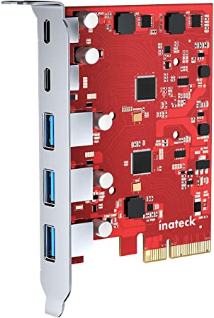 Inateck PCIe to USB 3.2 Gen 2 Card with 20 Gbps Bandwidth, 3 USB Type-A and 2 USB Type-C Ports, KU5211, Red