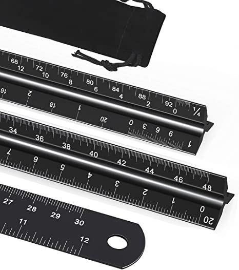 12 Inch Architectural Scale Ruler Set,YXQUA Laser-Etched Aluminum Architectural and Engineering Triangular Scale Ruler with Stainless Steel Ruler,for Architects,Students,Draftsman,Engineers (Imperial)