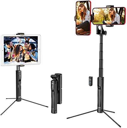 Selfie Stick, All in 1 Extendable Selfie Stick Tripod Stand with Dual Phone Holder & Bluetooth Remote Compatible with iPad, Tablets, iPhone & Android Devices - Portable & Lightweight Home Travel Use