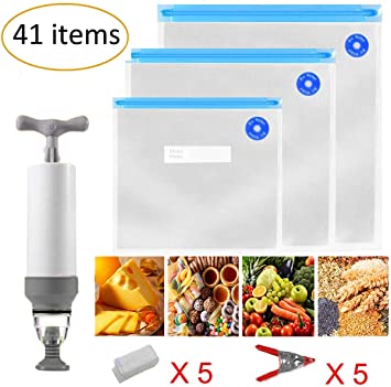 Sous Vide Bags 30 Reusable Vacuum Food Storage Bags for Anova and Joule Cookers - 3 Sizes Sous Vide Bag Kit with Pump - 5 Sealing Clips - 5 Sous Vide Bag Clips for Food Storage and Sous Vide Cooking