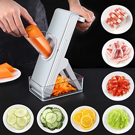 Safe Vegetable Chopper, 4 IN 1 Mandoline Slicer for Kitchen,Injury-Free Design,Adjustable Thickness Food Chopper with Container, Onion Chopper for Potato, Fruit, Tomatou,Cumber, Carrot, Meat (Grey)