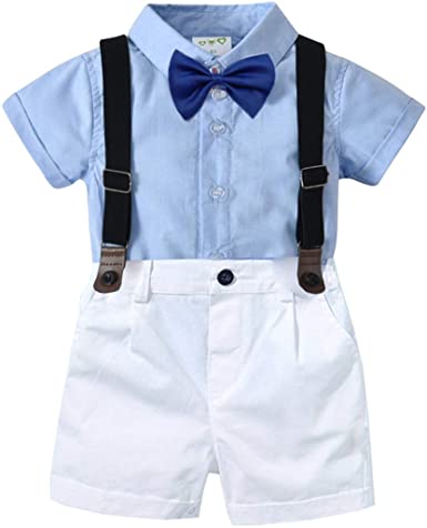 Baby Boys Gentleman Outfit Little Boys Formal Short Set Toddler Short Sleeve Shirt Suspender Pants Bow Tie 4Pcs