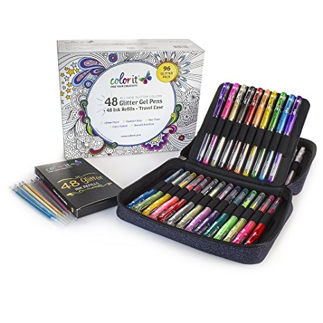 ColorIt 48 Glitter Gel Pens For Adult Coloring Books - ALL NEW Glitter Colors, Gel Pens with Case and 48 Ink Refills For 96 Total Glitter Pack