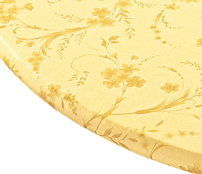 Miles Kimball Floral Swirl Vinyl Elasticized Table Cover, 45 - 56 Inch Dia Round, Yellow