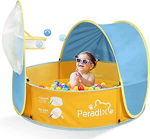 Peradix 4 in 1 Baby Planschbecken mit Dach,Baby Zelt Pop Up Bällebad mit Basketballkorb(Kein Ball),Tragbare Baby Spielzelt Sonnenschutz Zelt für Jahre, Indoor Outdoor Strand Baldachin Zelt