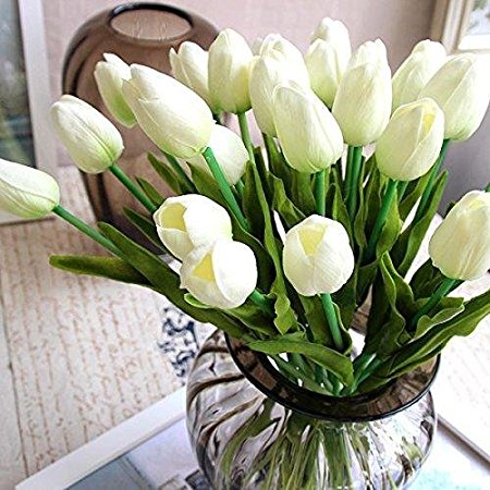 Soledi Single Stem 10 heads Artificial Tulips Real Touch PU Tulips Flowers Arrangement Bouquet Home Room Office Centerpiece Party Wedding Decor White