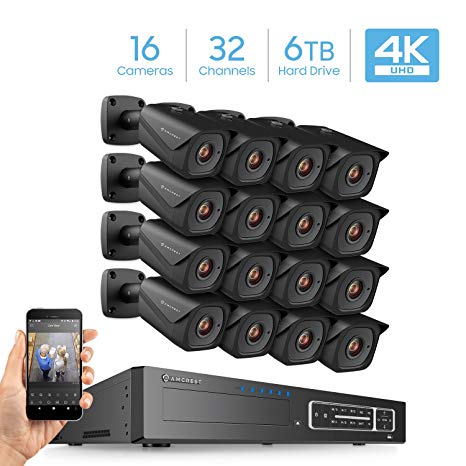 Amcrest 4K 32CH Security Camera System w/ 4K NVR, (16) x 4K (8-Megapixel) IP67 Weatherproof Bullet POE IP Cameras (3840x2160), 2.8mm Wide Angle Lens, Pre-Installed 6TB HDD, 98ft Nightvision (Black)