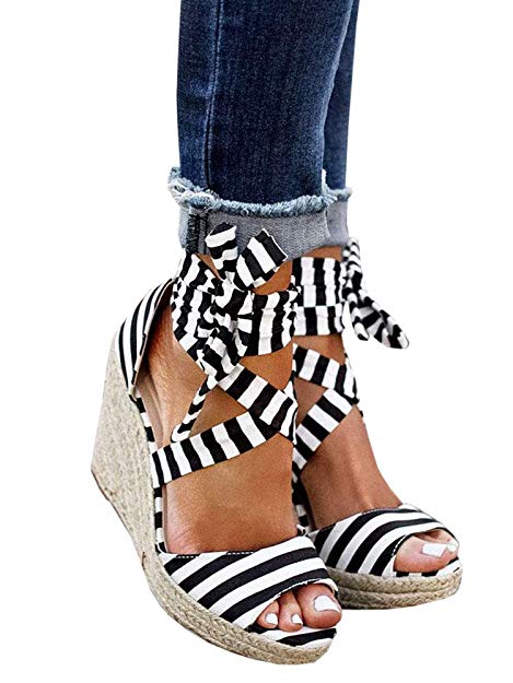 Seraih Womens Lace up Platform Wedges Sandals Classic Ankle Strap Shoes