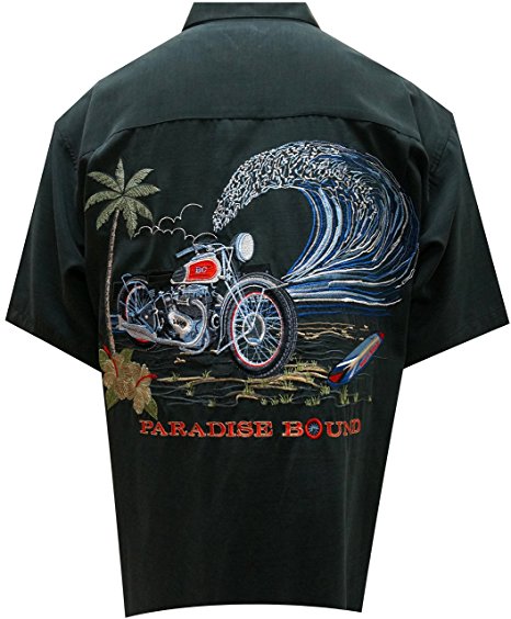 Bamboo Cay Men's Motorcycle Island, Tropical Style Resort Wear Button Front Embroidered Camp Motorcycle Shirt