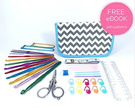ULTIMATE CROCHET KIT with Crochet Hook Set, Great for Beginners, Fanatics and Newbies Just Learning - This Crochet Hook Set and Kit Includes a Crochet Hook Set, Stitch Markers, Scissors, Yarn Needles, Measuring Tape, Safety Pins, Ruler, Gauge Measure and Row Counter. Everything you need to Crochet your perfect pattern. (Grey Chevron Pattern)
