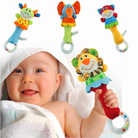 Herefind Soft Plush Animal Baby Rattle Toy Take Along with Safety 4 Style (Elephant)