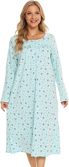 Bloggerlove 100%Cotton Nightgowns for Women Housecoat Long Sleeve MooMoo House Dress Soft Sleepwear S-XXL