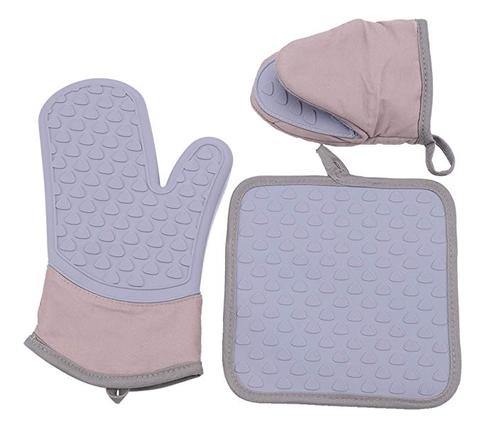 ZY Oven Mitts Heat Resistant - Pot Holders with Pocket for BBQ,Oven,Kitchen Cooking and Baking,Silicone Oven Gloves with Cotton Linning Mini Oven Mitt(Grey)