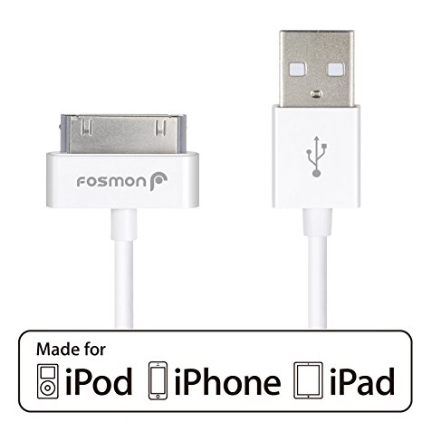 Fosmon Apple MFI Certified [30 Pin] USB Sync and Charging Cable for iPhone 4 / 4S, iPhone 3G / 3GS, iPad 1 / 2 / 3, iPod nano 5th / 6th generations and iPod Touch 3rd / 4th generations - 6ft (White)