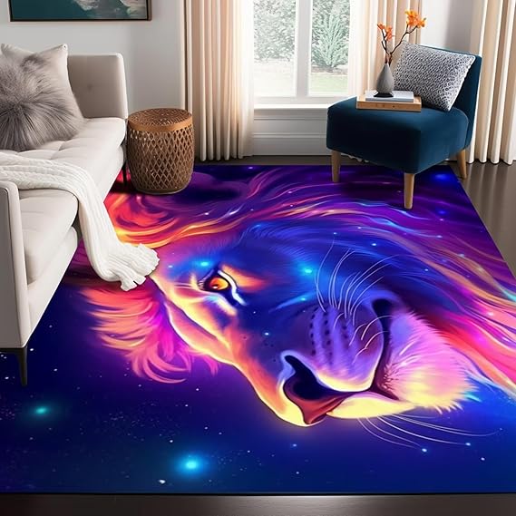 Galaxy Lion Rug 3D Fierce Lions Area Rugs for Kids Bedroom Living Room Playroom Gameroom Boys Glitter Carpet Throw Rugs Floor Mat 63 in x 31 in