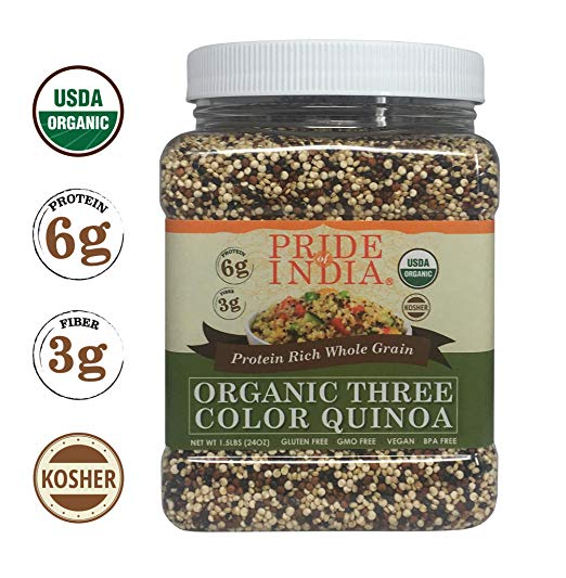 Pride Of India - Organic Three Color Bolivian Royal Quinoa - Protein Rich Whole Grain Jar, 2.2 Pound (1 kg) + 50% Extra Free = 3.3 Pounds (1.5 kg) Total