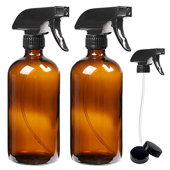 16oz Empty Amber Glass Spray Bottles with Mist and Stream Settings Trigger Sprayer-Refillable Container for Essential Oils, Cleaning Products, Aromatherapy, Plants, Kitchen, Hair(2 Pack) (Amber)