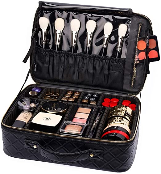 Makeup Bag GLAMFORT Makeup Travel Train Case Makup Organiser Bag with Adjustable Compartments Travel Kit Artist Case for Girl (Black Medium)