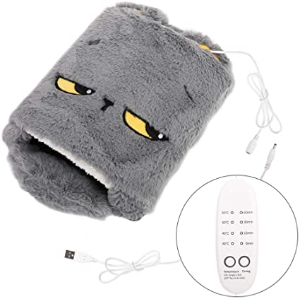 MoKo USB Heating Mouse Pad, Hand Warmer Heated Mouse Mat with Timing Switch and 4-Gear Temperature Control, Cartoon Cute Plush Detachable and Washable Winter Warm Mouse Pad with Wrist Guard - Gray