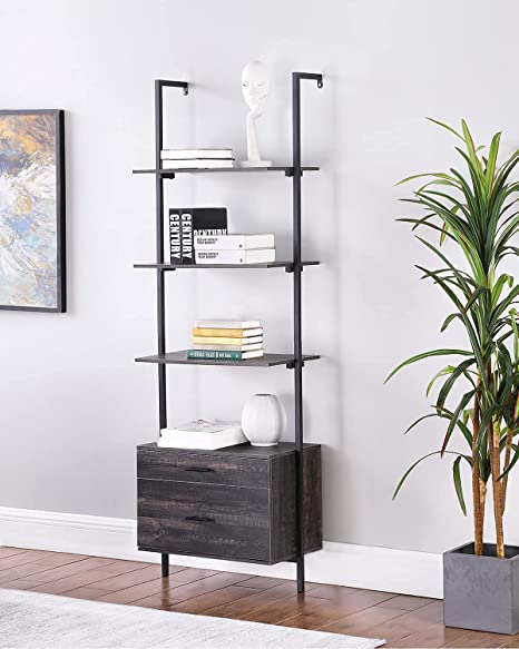 Industrial Ladder Bookshelf with Drawers, Ohuhu 3-Tier Wall Mount Book Shelf Display Stand Rack Storage Shelves Black Bookcase with Matte Steel Frame for Living Room Bedroom Furniture Home Office