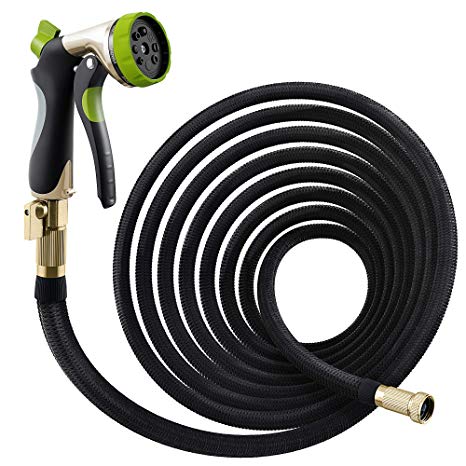 Nifty Grower 50ft Garden Hose - All New Expandable Water Hose with Double Latex Core, 3/4" Solid Brass Fittings, Extra Strength Fabric - Flexible Expanding Hose with Metal 8 Function Spray Nozzle