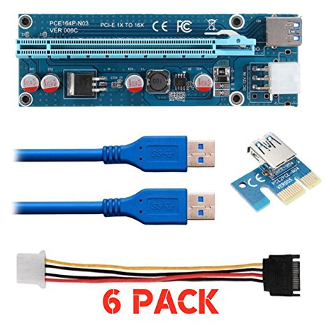 Kyerivs PCI-E 1x to 16x Powered Riser Adapter Card w/ 60cm USB 3.0 Extension Cable & MOLEX to SATA Power Cable - GPU Riser Extender Cable - Ethereum Mining ETH (6 pcs)