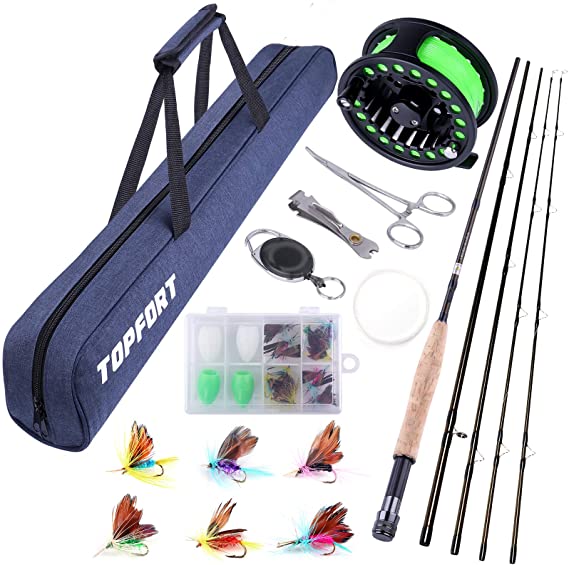 TOPFORT Fly Fishing Rod and Reel Combo, 4 Piece Lightweight Ultra-Portable Graphite Fly Rod 5/6 Complete Starter Package with Carrier Bag