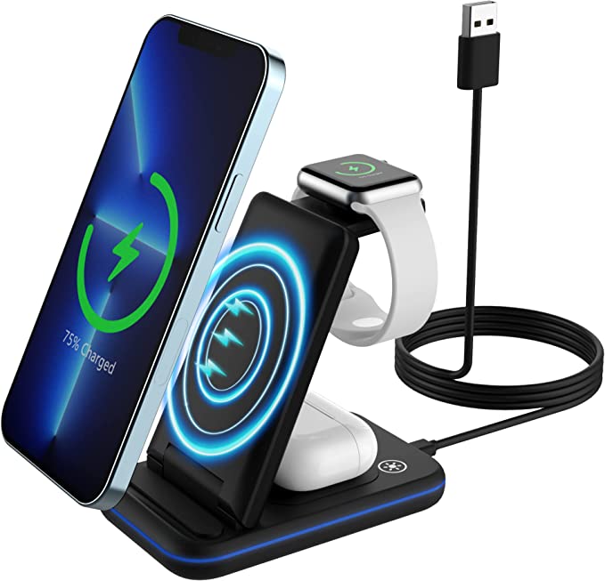 MoKo Wireless Charger Stand, 3 in 1 Fast Charging Station 15W Qi Foldable Charger Dock Compatible with iPhone 13/12/Pro/SE/11/XR/X/XS/Apple Watch 7/6/5/4/3/2/SE/AirPods Pro/3/2/Samsung Galaxy, Black