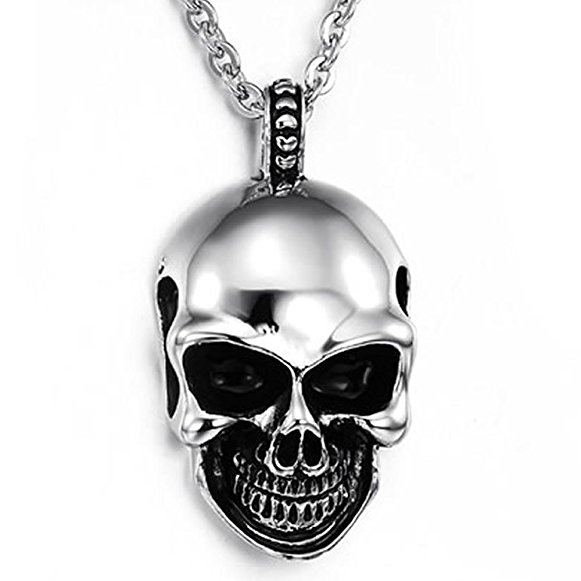 KONOV Mens Gothic Skull Stainless Steel Pendant Necklace, Silver Black, 24 inch Chain