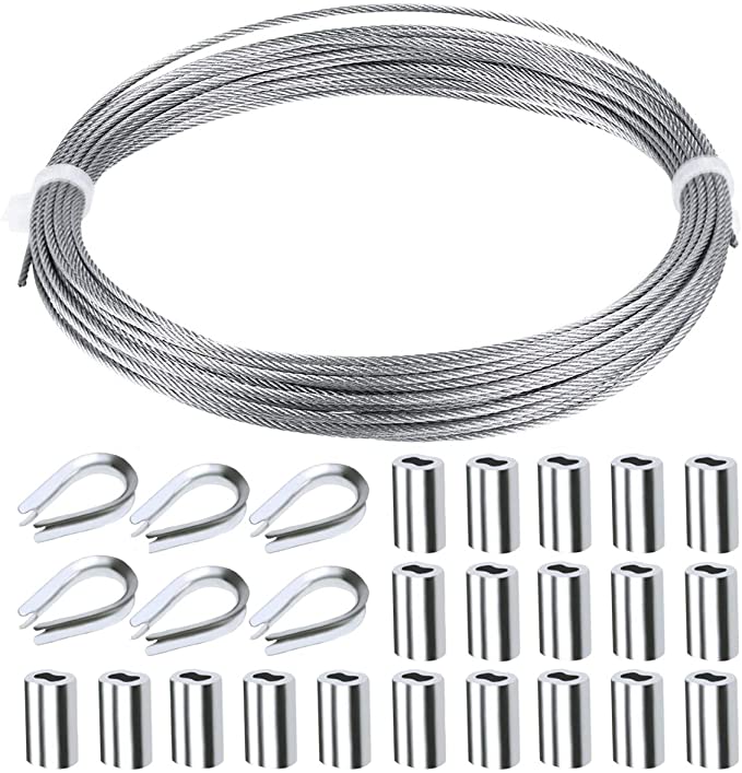 YXGOOD 316 Wire Rope Cable Includes 1/16 inch x 33 Feet Stainless Steel Wire Rope Cable 20 Pcs Aluminum Crimping Sleeves and 6 Pcs Stainless Steel Thimble Cable Railing Kits