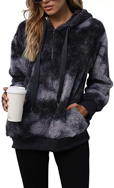 ReachMe Womens Tie Dye Oversized Sherpa Pullover Hoodie with Pockets Fuzzy Fleece Sweatshirt Fluffy Coat