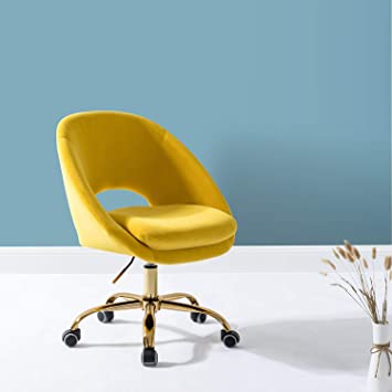 Velvet Swivel Vantity Chair with Wheels - Yellow