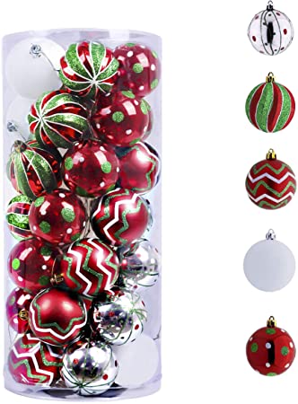 Valery Madelyn 35ct 70mm Classic Collection Splendor Red Green White Christmas Ball Ornaments, Shatterproof Xmas Balls for Christmas Tree Decoration, Themed with Tree Skirt (Not Included)