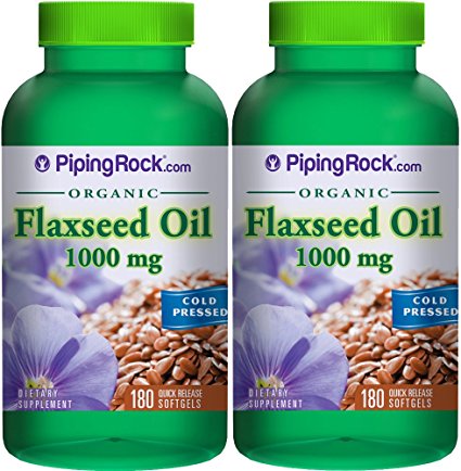 Piping Rock Flaxseed Oil Cold Pressed 1000 mg 2 Bottles x 180 Quick Release Softgels Dietary Supplement