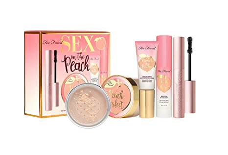 Too Faced Sex On The Peach Complexion Set! Mascara, Setting Powder, Primer and Setting Spray! Intensely Black Volumizing Mascara! Silky Smooth Matte Finish Setting Powder, Primer and Setting Spray!