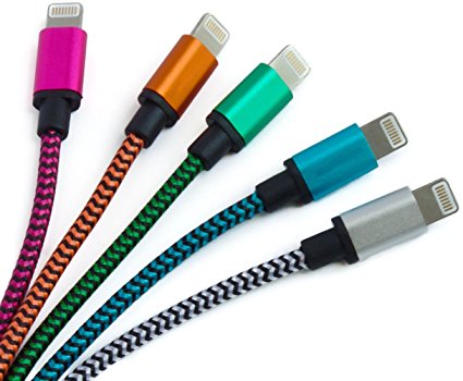 mySimple [10' Feet - 5 Pack] of 8 Pin to USB 2.0 Data Sync Chargers w/ Tangle Free Braided Woven Rope Outer Jacket Made of Nylon Fabric w/ Fun Design for Apple iPads, iPods & iPhones {Assorted Colors)