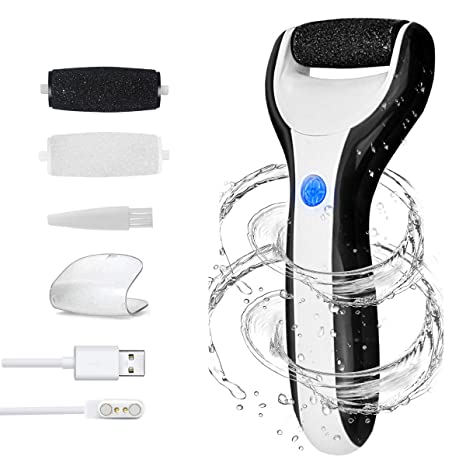 Electric Foot Scrubber Waterproof Pedicure Foot File Callus Remover Hard Skin Remover for Feet Heels and Dead Skin with 3 Roller Heads (Black)