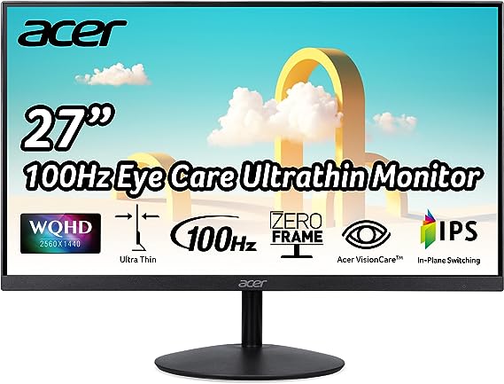 Acer SB272U Ebiip 27" WQHD 2560x1440 IPS Zero-Frame Gaming Office Monitor | AMD FreeSync Technology | Ultrathin Stylish Design | 100Hz | 1ms VRB | Low Blue Light | Display Port & 2 x HDMI 2.0 Ports