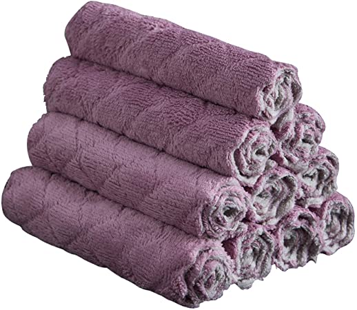 N / A 12 Packs of Extra-Thick Coral Fleece Kitchen Rags, Kitchen Towels, Non-Stick Oil Quick-Drying Rags, Super Absorbent Dish Towels, Double-Sided Dish Towel Pack [Purple Khaki]