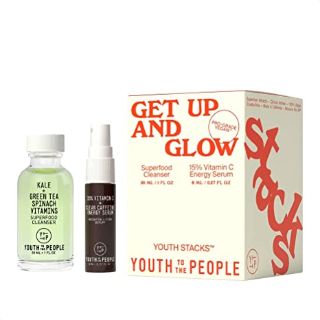 Youth To The People Youth Stacks Get Up + Glow - Superfood Cleanser (30mL) + 15% Vitamin C Energy Serum (8mL) Morning Skincare Kit - Cleanse the Skin, Illuminate the Complexion + Depuff - Vegan