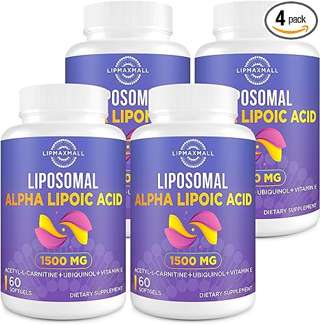 Liposomal Alpha Lipoic Acid 1500mg - with Acetyl-L-Carnitine 900mg & Ubiquinol 100mg & Vitamin E 15mg，ALA Supplement for Antioxidants Glucose Metabolism Nerve Energy, 60 Softgels (4 Bottle)