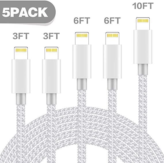 CNANKCU Phone charger Cable Mfi Certified 5 Pack[3/3/6/6/10FT] Extra Long Nylon Braided USB Charging & Syncing Cord Compatible with iPhone11/ Xs/Max/XR/X/8/8Plus/7/7Plus/6S/5S Plus/Nan More