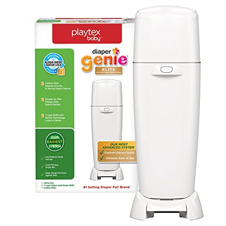 Playtex Diaper Genie Elite Diaper Pail System with Front Tilt Pail for Easy Diaper Disposal, White