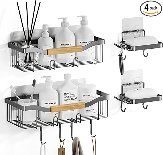 Shower Caddy Bathroom Shelf, 4-Pack Adhesive Shower Organizer with 2 Soap Holders and 16 Hooks, No Drilling Rustproof 304 Stainless Steel Shower Storage Basket Rack for Bathroom & Kitchen Storage